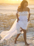 Bateau Short Sleeve White Chiffon Wedding Dress Latest Simple Lace Summer Beach Bridal Gowns