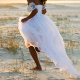 Bateau Short Sleeve White Chiffon Wedding Dress Latest Simple Lace Summer Beach Bridal Gowns
