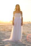 Vestido de novia Bateau de gasa blanca de manga corta, los últimos vestidos de novia sencillos de encaje para la playa y el verano