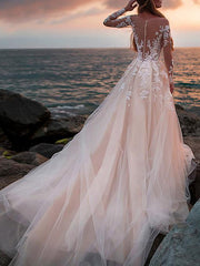 Beach A-Line Beach Wedding Dress Jewel Lace Tulle Long Sleeves Sexy See-Through Bridal Gowns with Court Train