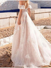Beach A-Line Beach Wedding Dress Spaghetti Strap Lace Tulle Short Sleeve Sexy See-Through Bridal Gowns
