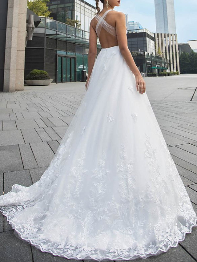 Beach A-Line Beach Wedding Dress V-Neck Lace Tulle Sleeveless Sexy Backless Bridal Gowns with Sweep Train