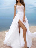 Vestido de novia de gasa de corte en A de playa Vestidos de novia con apliques de encaje de tul con abertura sexy en oferta