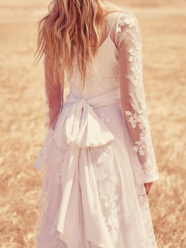 Beach A-Line Jewel Beach Wedding Dress Lace Long Sleeve Bridal Gowns with Sweep Train