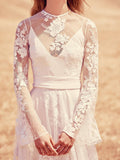 Beach A-Line Jewel Wedding Dress Lace Long Sleeve Bridal Gowns with Sweep Train