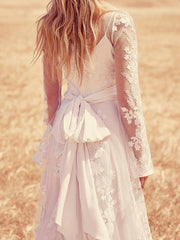 Beach A-Line Jewel Wedding Dress Lace Long Sleeve Bridal Gowns with Sweep Train