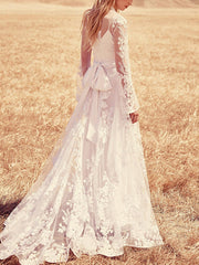 Beach A-Line Jewel Wedding Dress Lace Long Sleeve Bridal Gowns with Sweep Train