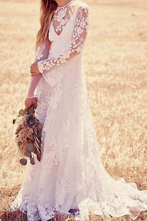 Beach A-Line Jewel Wedding Dress Lace Long Sleeve Bridal Gowns with Sweep Train