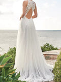 Beach A-Line Wedding Dress Jewel Lace Satin Tulle Sleeveless Bridal Gowns with Sweep Train