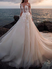 Beach A-Line Wedding Dress Jewel Lace Tulle Long Sleeves Sexy See-Through Bridal Gowns with Court Train
