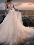 Vestido de novia de una línea de playa Joya Encaje Tul Mangas largas Vestidos de novia transparentes sexy con tren de la corte
