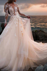 Beach A-Line Wedding Dress Jewel Lace Tulle Long Sleeves Sexy See-Through Bridal Gowns with Court Train