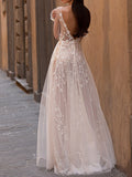 Beach A-Line Wedding Dress Scoop Lace Tulle Long Sleeve Sexy See-Through Bridal Gowns
