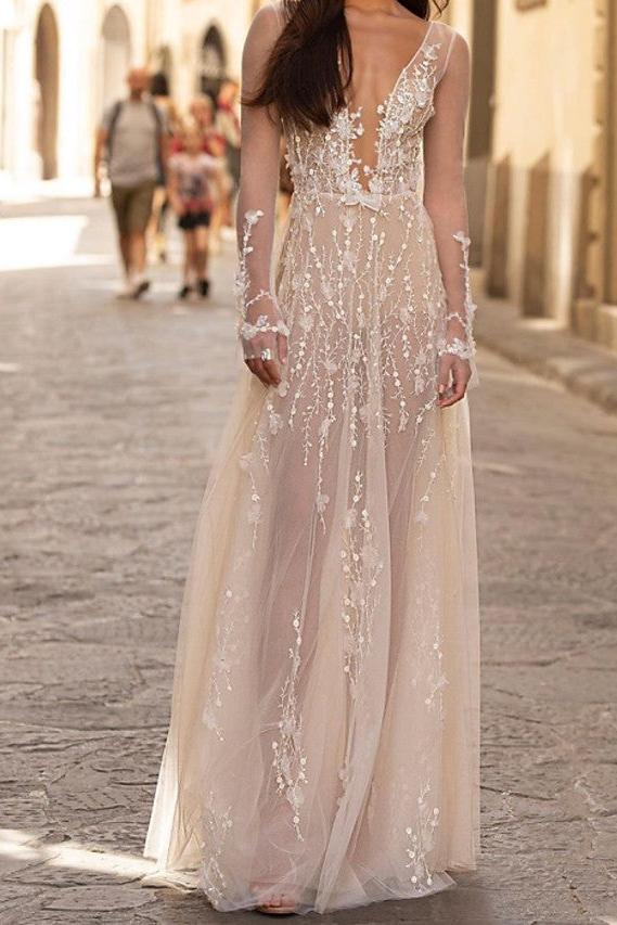 Beach A-Line Wedding Dress Scoop Lace Tulle Long Sleeve Sexy See-Through Bridal Gowns