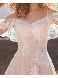 Beach A-Line Wedding Dress Spaghetti Strap Lace Tulle Short Sleeve Sexy See-Through Bridal Gowns
