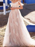 Vestido de novia de una línea de playa Correa de espagueti Encaje Tul Manga corta Vestidos de novia transparentes sexy