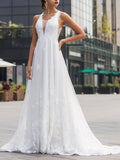 Beach A-Line Wedding Dress V-Neck Lace Tulle Sleeveless Sexy Backless Bridal Gowns with Sweep Train