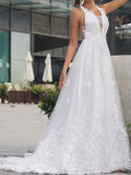 Beach A-Line Wedding Dress V-Neck Lace Tulle Sleeveless Sexy Backless Bridal Gowns with Sweep Train