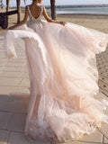 Beach A-Line Wedding Dress V-Neck Spaghetti StrapLace Tulle Sleeveless Sexy Backless Bridal Gowns with Sweep Train