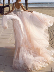 Beach A-Line Wedding Dress V-Neck Spaghetti StrapLace Tulle Sleeveless Sexy Backless Bridal Gowns with Sweep Train