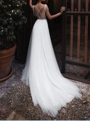 Beach Boho A-Line Beach Wedding Dress Jewel Chiffon Lace Tulle Sleeveless Sexy See-Through Bridal Gowns with Court Train
