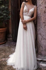 Beach Boho A-Line Beach Wedding Dress Jewel Chiffon Lace Tulle Sleeveless Sexy See-Through Bridal Gowns with Court Train