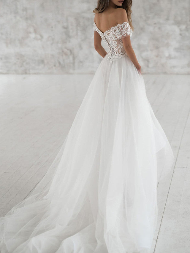 Beach Boho A-Line Beach Wedding Dress Off Shoulder Lace Tulle Short Sleeve Sexy See-Through Bridal Gowns with Sweep Train
