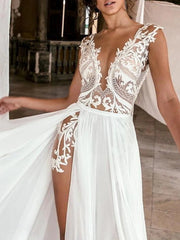 Beach Boho A-Line Beach Wedding Dress Plunging Neck Chiffon Lace Cap Sleeve Sexy See-Through Bridal Gowns with Sweep Train