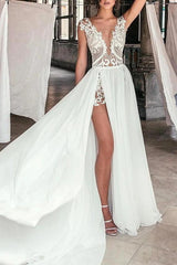 Beach Boho A-Line Beach Wedding Dress Plunging Neck Chiffon Lace Cap Sleeve Sexy See-Through Bridal Gowns with Sweep Train