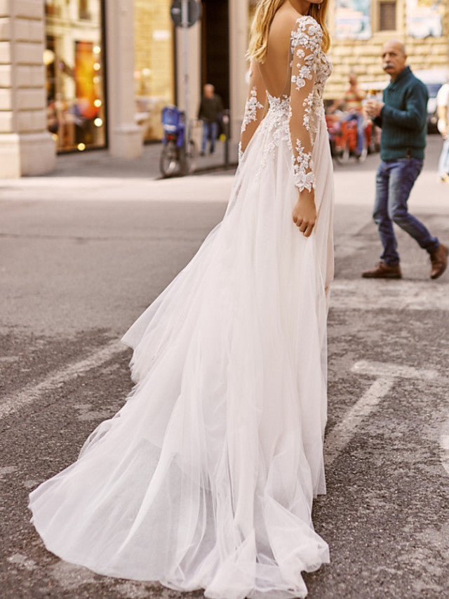 A-Line White Long Sleeve Mermaid Wedding Dress with Train | Suzhoufashion A-Line White Long Sleeve Mermaid Wedding Dress with Train | Suzhoufashion