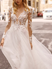 Beach Boho A-Line Beach Wedding Dress V-neck Lace Tulle Long Sleeve Sexy See-Through Bridal Gowns