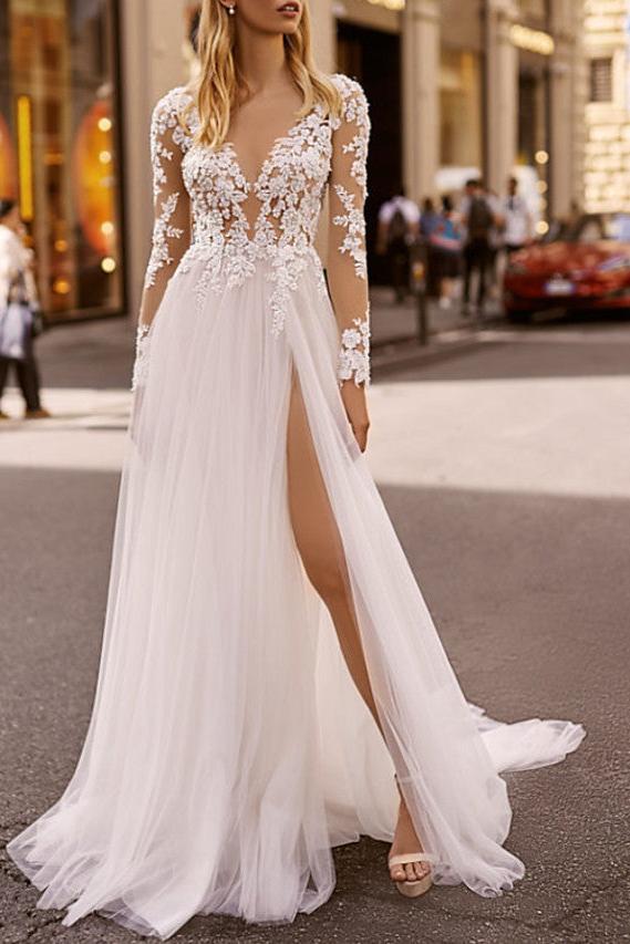 Beach Boho A-Line Beach Wedding Dress V-neck Lace Tulle Long Sleeve Sexy See-Through Bridal Gowns