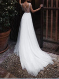 Beach Boho A-Line Wedding Dress Jewel Chiffon Lace Tulle Sleeveless Sexy See-Through Bridal Gowns with Court Train