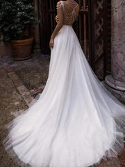 Beach Boho A-Line Wedding Dress Jewel Chiffon Lace Tulle Sleeveless Sexy See-Through Bridal Gowns with Court Train