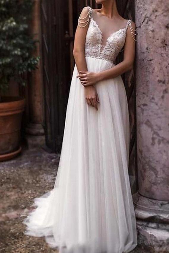 Beach Boho A-Line Wedding Dress Jewel Chiffon Lace Tulle Sleeveless Sexy See-Through Bridal Gowns with Court Train