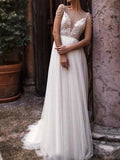 Beach  Boho A-Line Wedding Dress Jewel Chiffon Lace Tulle Sleeveless Sexy See-Through Bridal Gowns with Court Train