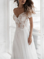 Beach Boho A-Line Wedding Dress Off Shoulder Lace Tulle Short Sleeve Sexy See-Through Bridal Gowns with Sweep Train