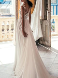 Beach Boho A-Line Wedding Dress Plunging Neck Chiffon Lace Cap Sleeve Sexy See-Through Bridal Gowns with Sweep Train