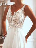 Beach Boho A-Line Wedding Dress V-Neck Spaghetti Strap Lace Chiffon Sexy Bridal Gowns Sweep Train