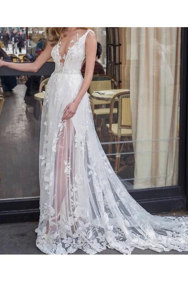Beach Boho A-Line Wedding Dress V-neck Lace Tulle Jersey Sleeveless Sexy See-Through Bridal Gowns with Sweep Train