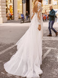 Beach Boho A-Line Wedding Dress V-neck Lace Tulle Long Sleeve Sexy See-Through Bridal Gowns