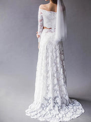 Beach Boho Two Piece Beach Wedding Dress Off Shoulder Lace Long Sleeve Sexy Bridal Gowns Sweep Train