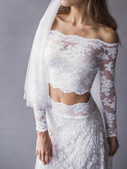 Beach Boho Two Piece Beach Wedding Dress Off Shoulder Lace Long Sleeve Sexy Bridal Gowns Sweep Train