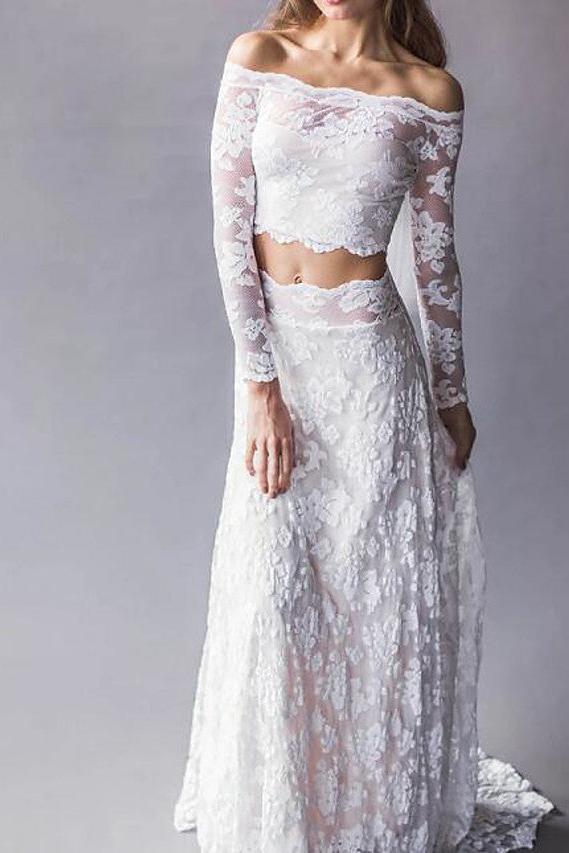 Two Pieces Long Sleeves Lace White Beach Wedding Dress WD383 US2 / Ivory