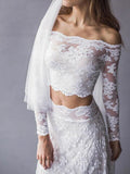Beach Boho Two Piece Wedding Dress Off Shoulder Lace Long Sleeve Sexy Bridal Gowns Sweep Train