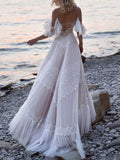 Beach Off The Shoulder V Neck Lace Backless A-Line Wedding Dresses