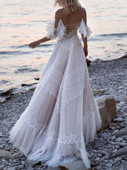 Beach Off The Shoulder V Neck Lace Backless A-Line Wedding Dresses
