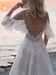 Beach Off The Shoulder V Neck Lace Backless A-Line Wedding Dresses