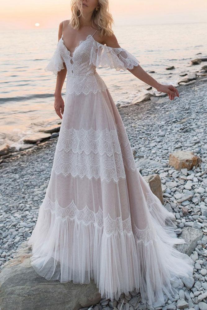 Beach Off The Shoulder V Neck Lace Backless A-Line Wedding Dresses