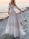 Beach Off The Shoulder V Neck Lace Backless A-Line Wedding Dresses